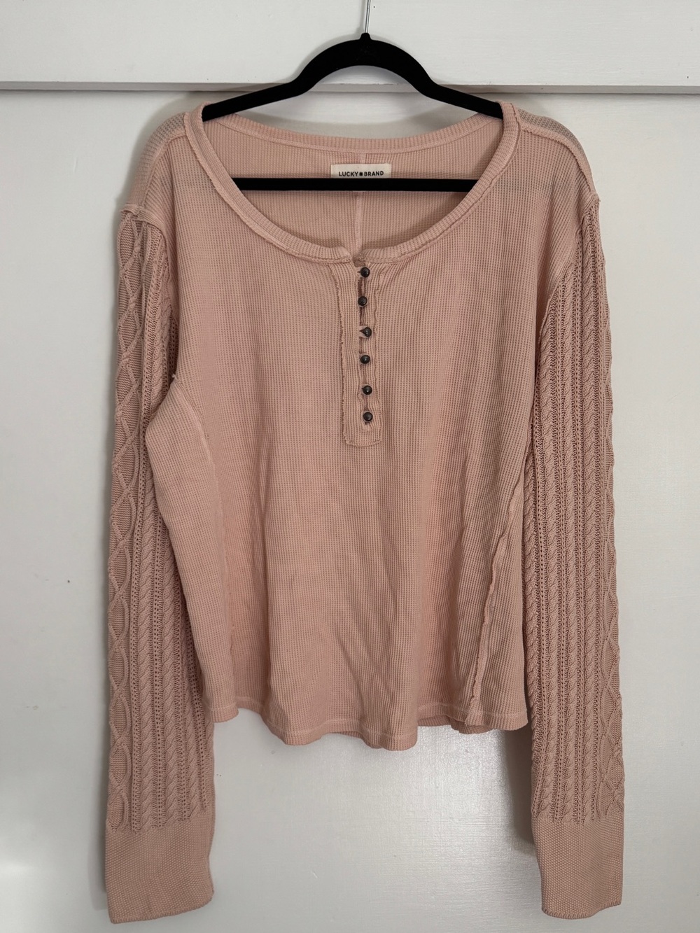 Lucky Brand Cable Knit Sleeve Waffle Henley Top XL Blush Pink Rose Smoke Boho - Picture 5 of 9